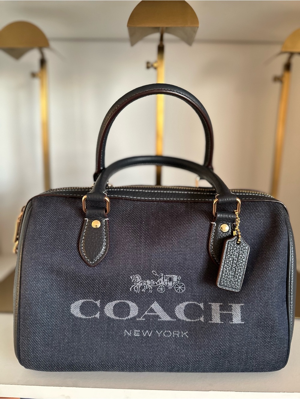 COACH Denim & Leather Trim Satchel with Gold Hardware